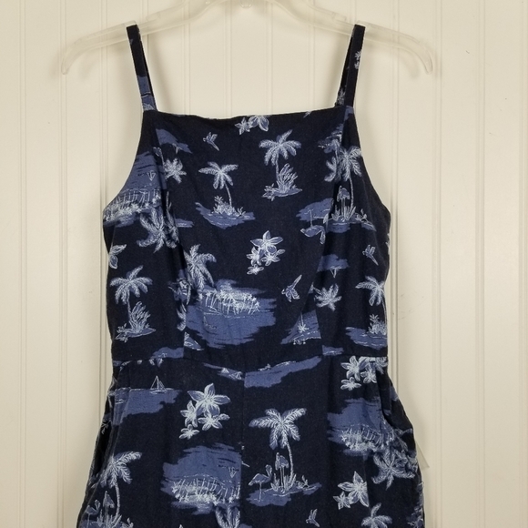 Romper Linen Smocked Wide Leg Cropped Pockets Blue Jumpsuit Scenic Print - Picture 12 of 13